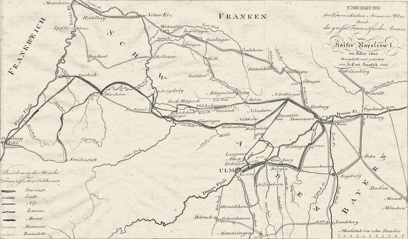 Engraved map of south-west Germany. Separate lines, one for each French marshal, run east from the Rhine at Mannheim, Speyer and Strasbourg and converge on the Danube between Ulm and Ingolstadt. A legend lists Davout, Soult, Ney, Lannes, Murat, Marmont and Bernadotte.