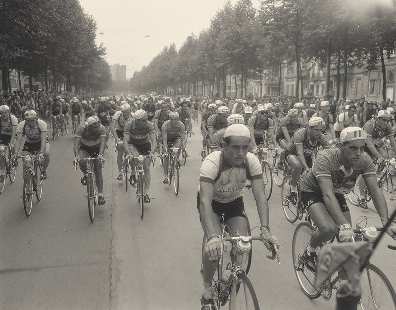 Black-and-white photograph of a dense pack of racing cyclists filling a tree-lined avenue, riding toward the camera.